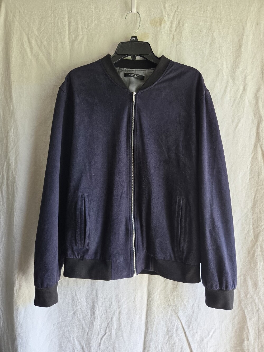 ZARA Jacket Microsuede Full Zip Bomber Men's XL Navy Blue Outdoor Preppy
